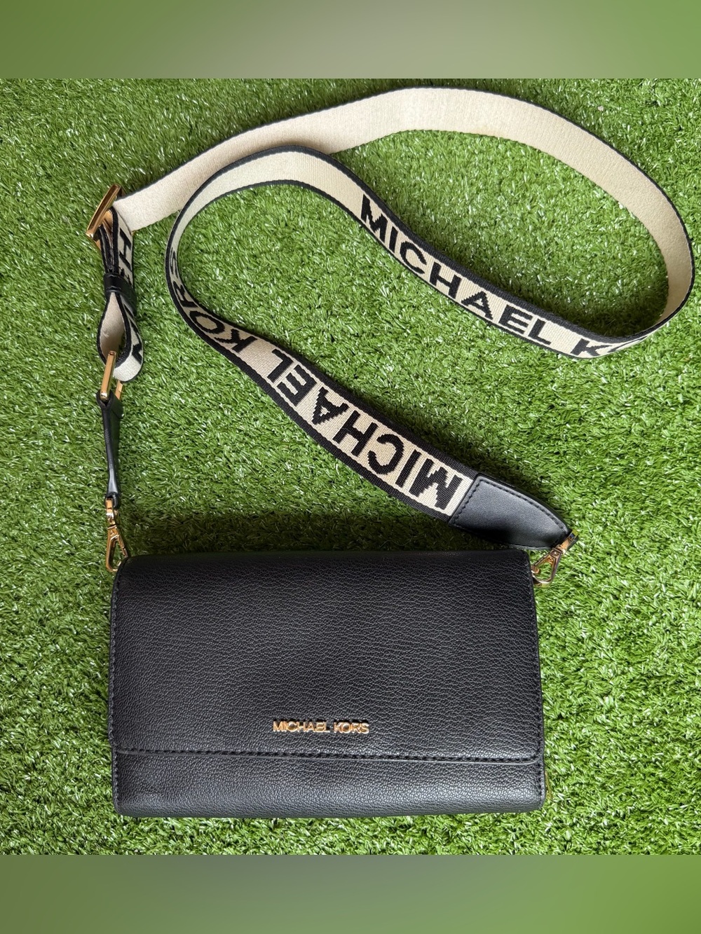 Michael Kors Black Leather Crossbody with Logo Canvas Strap